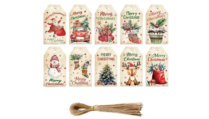 50 Pack Christmas Gift Tags Rope Ties 3 Tag Styles 2 Rope Tie Colours