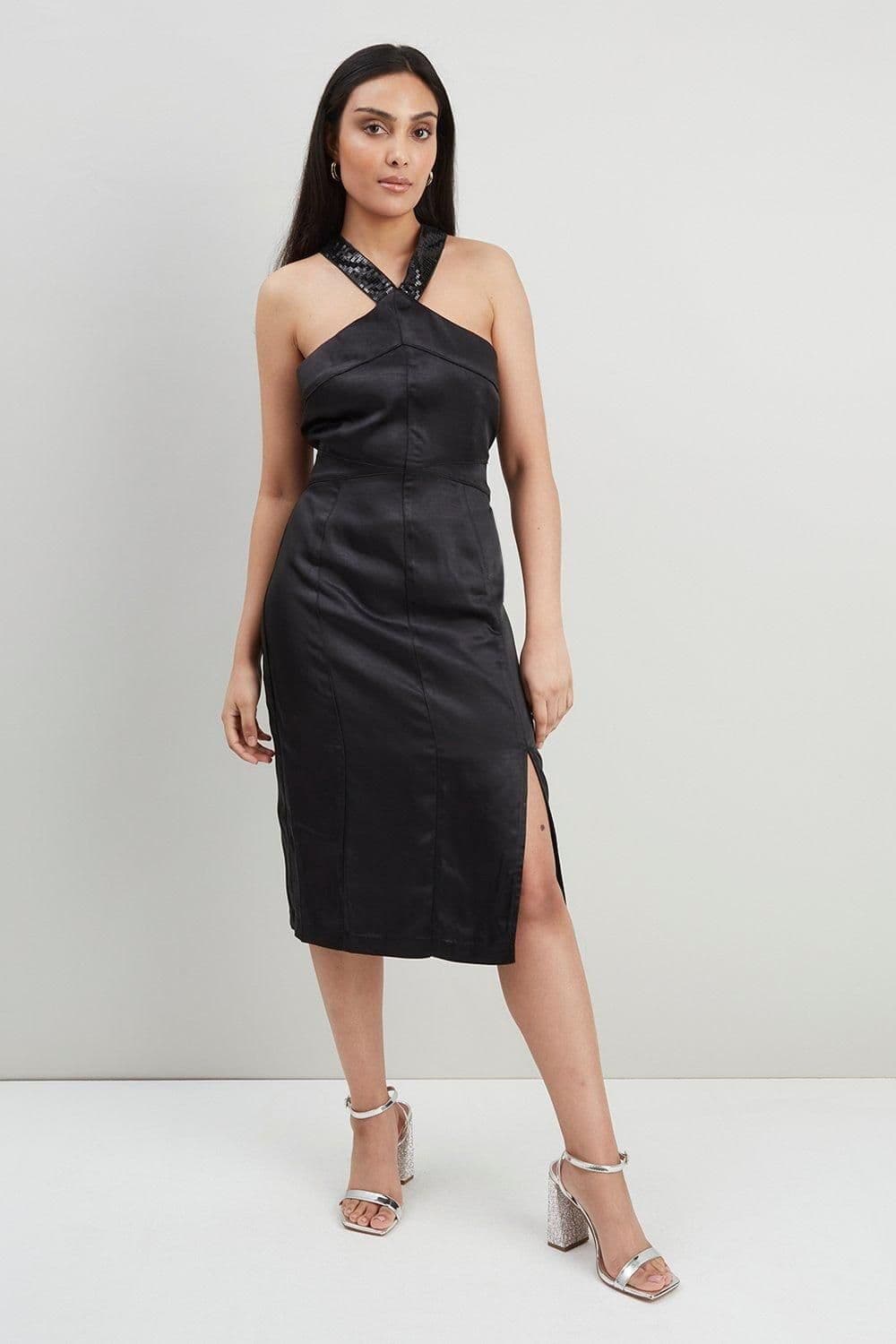 Petite Sequin Halter Neck Satin Dress