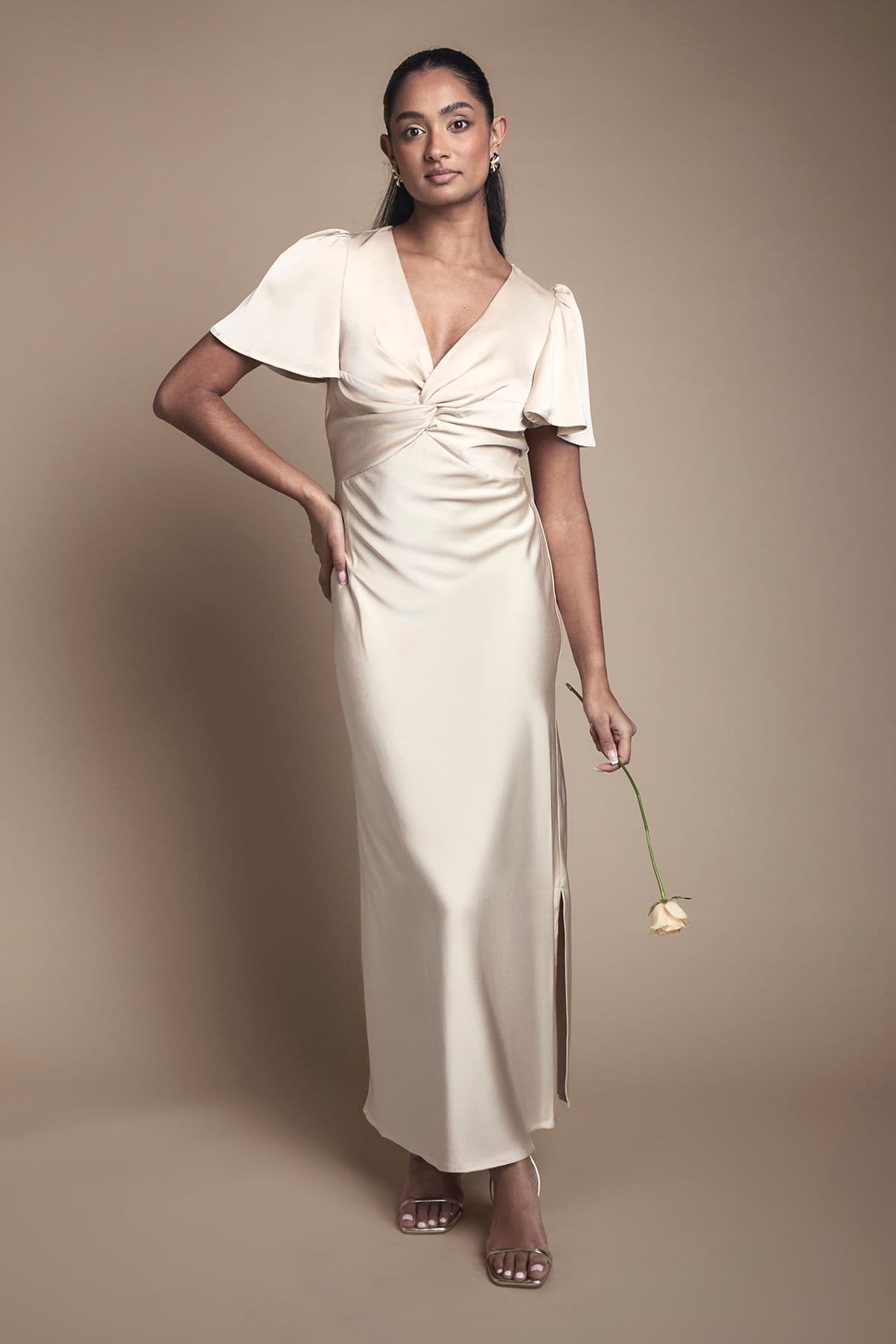 Coast Satin Twist Front Angel Sleeve Midi Bridesmaid Dress