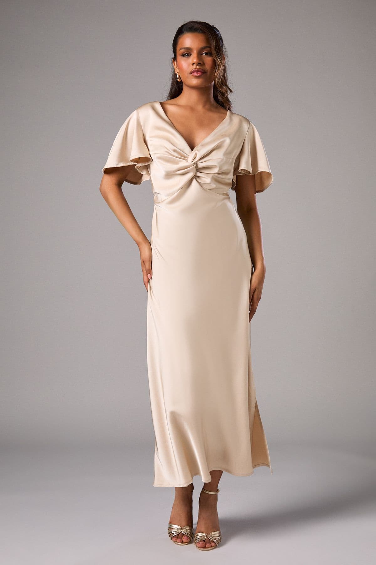 Coast Petite Satin Twist Angel Sleeve Midi Bridesmaid Dress