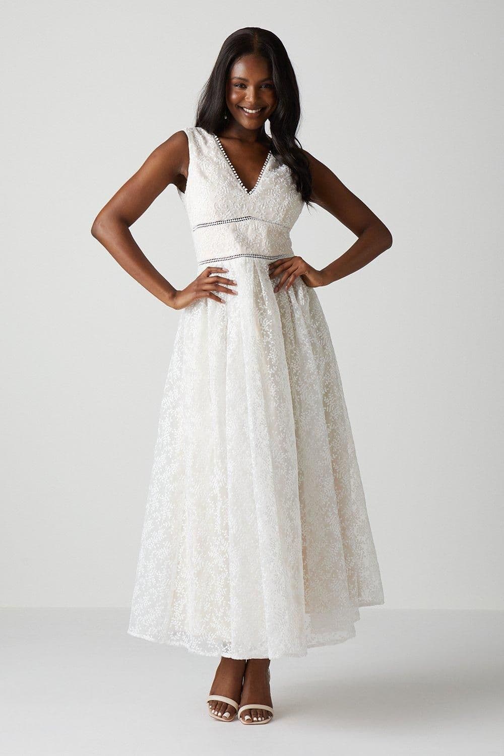 V Neck Full Skirted Embroidered Wedding Dress