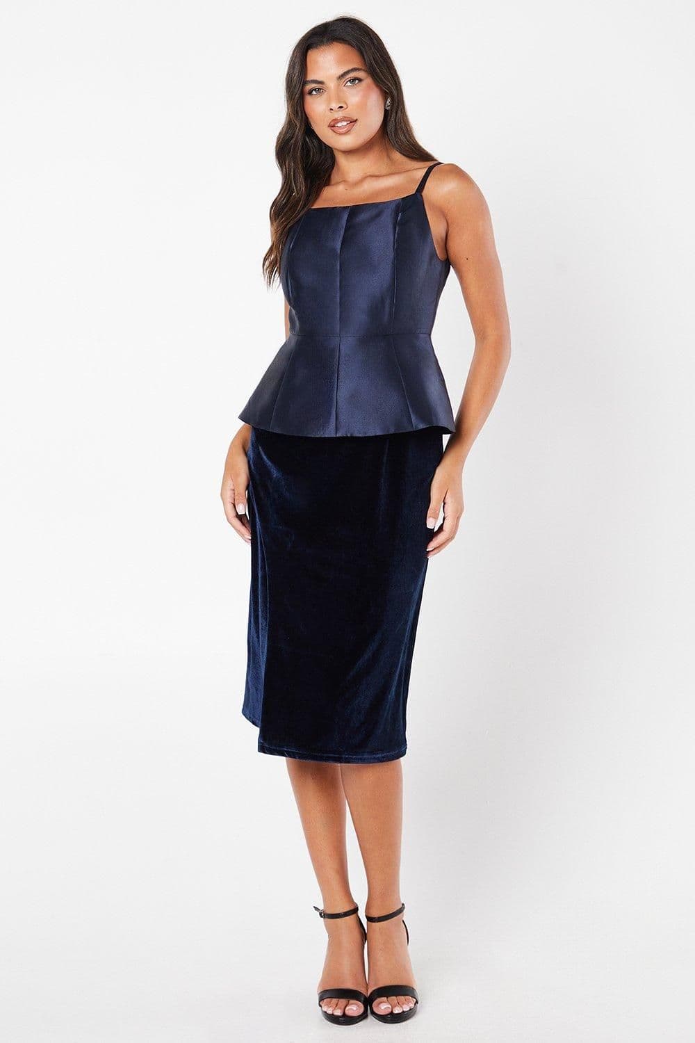 Square Neck Twill Bodice Velvet Skirt Pencil Dress
