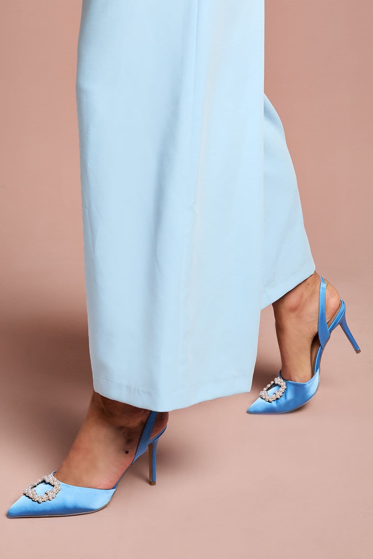 Coast Women's Selene Satin Pearl Trim Slingback High Heel Court Shoes in Blue | Size: 8