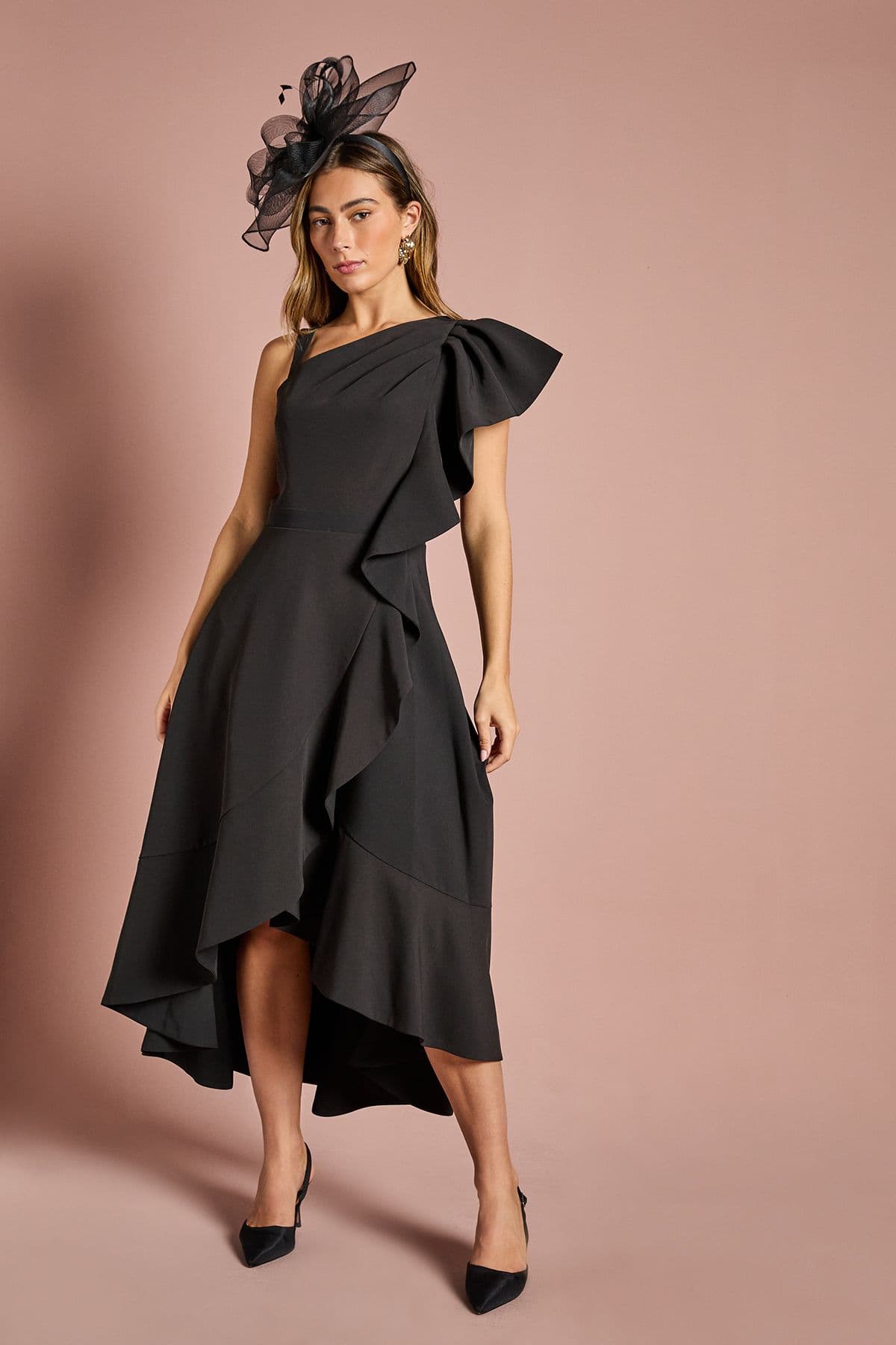 One Shoulder Crepe Ruffle Midi Dress