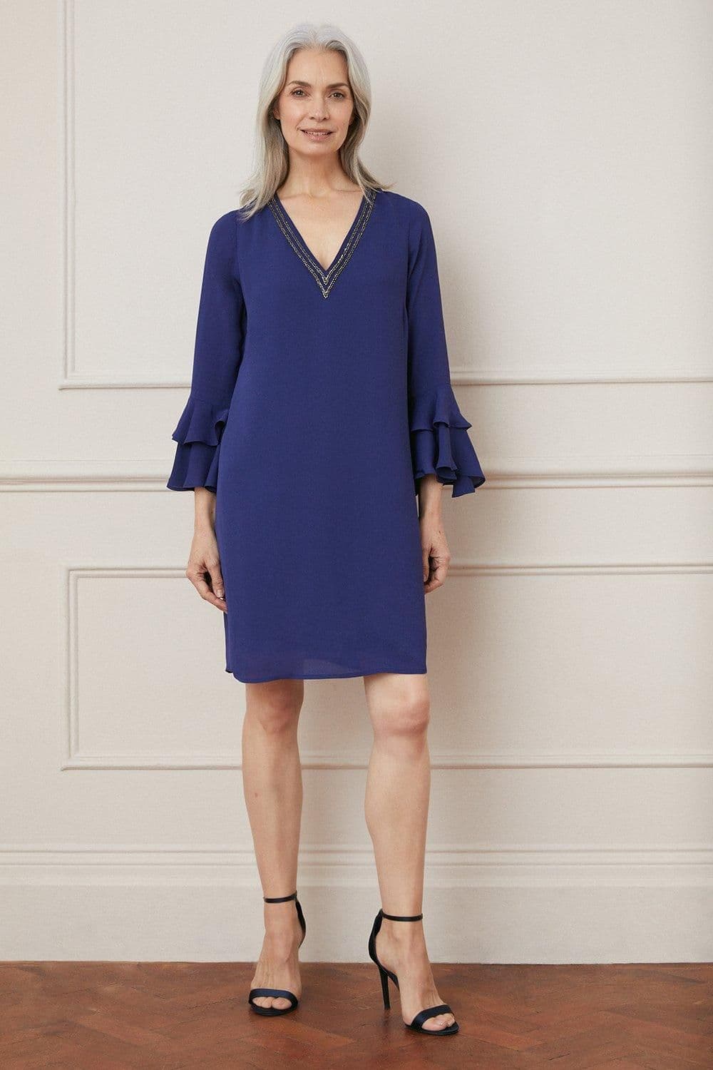 Embellished Ruffle Sleeve Shift Dress