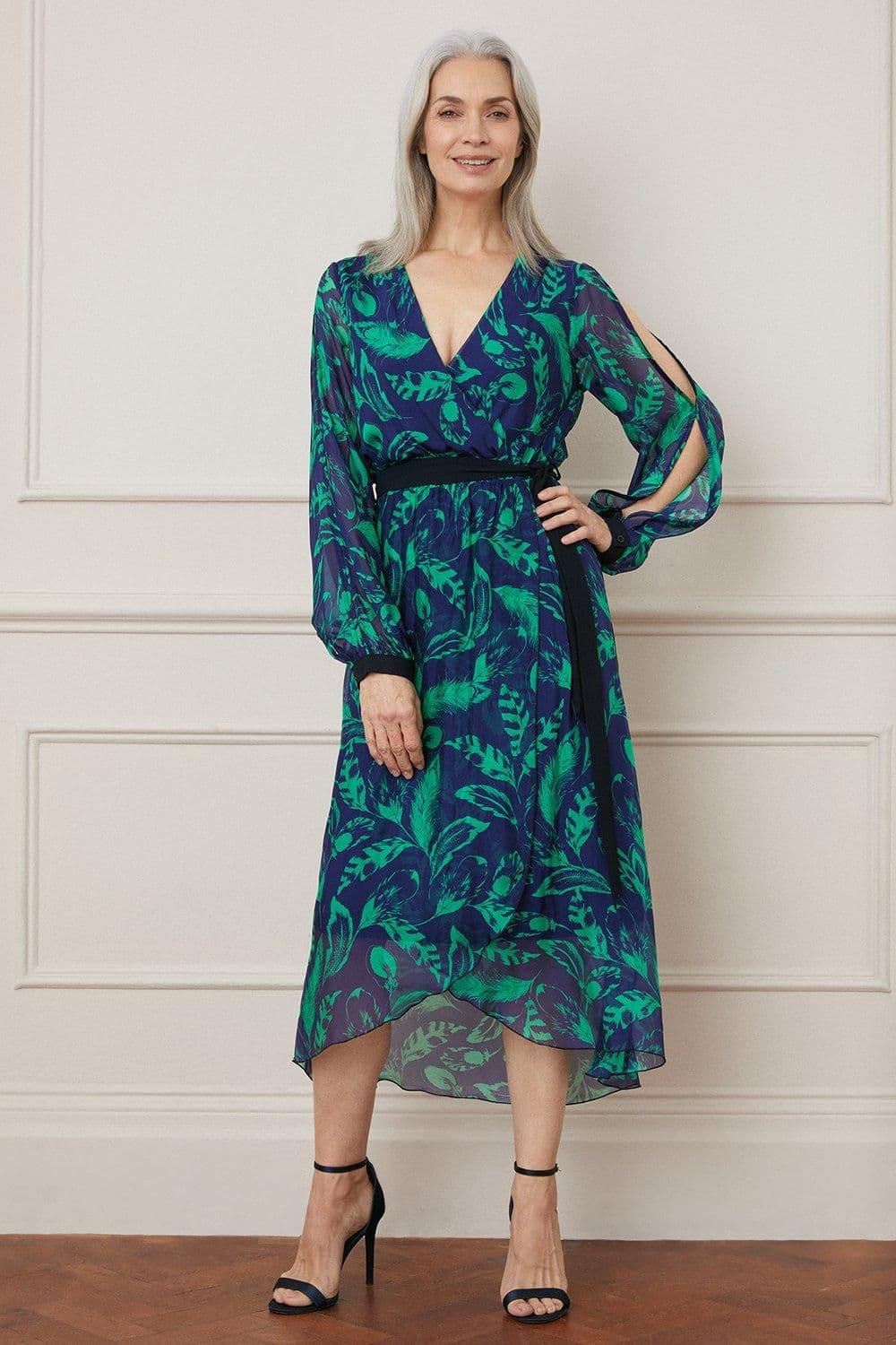 Silk Mix Feather Print Split Sleeve Wrap Midi Dress