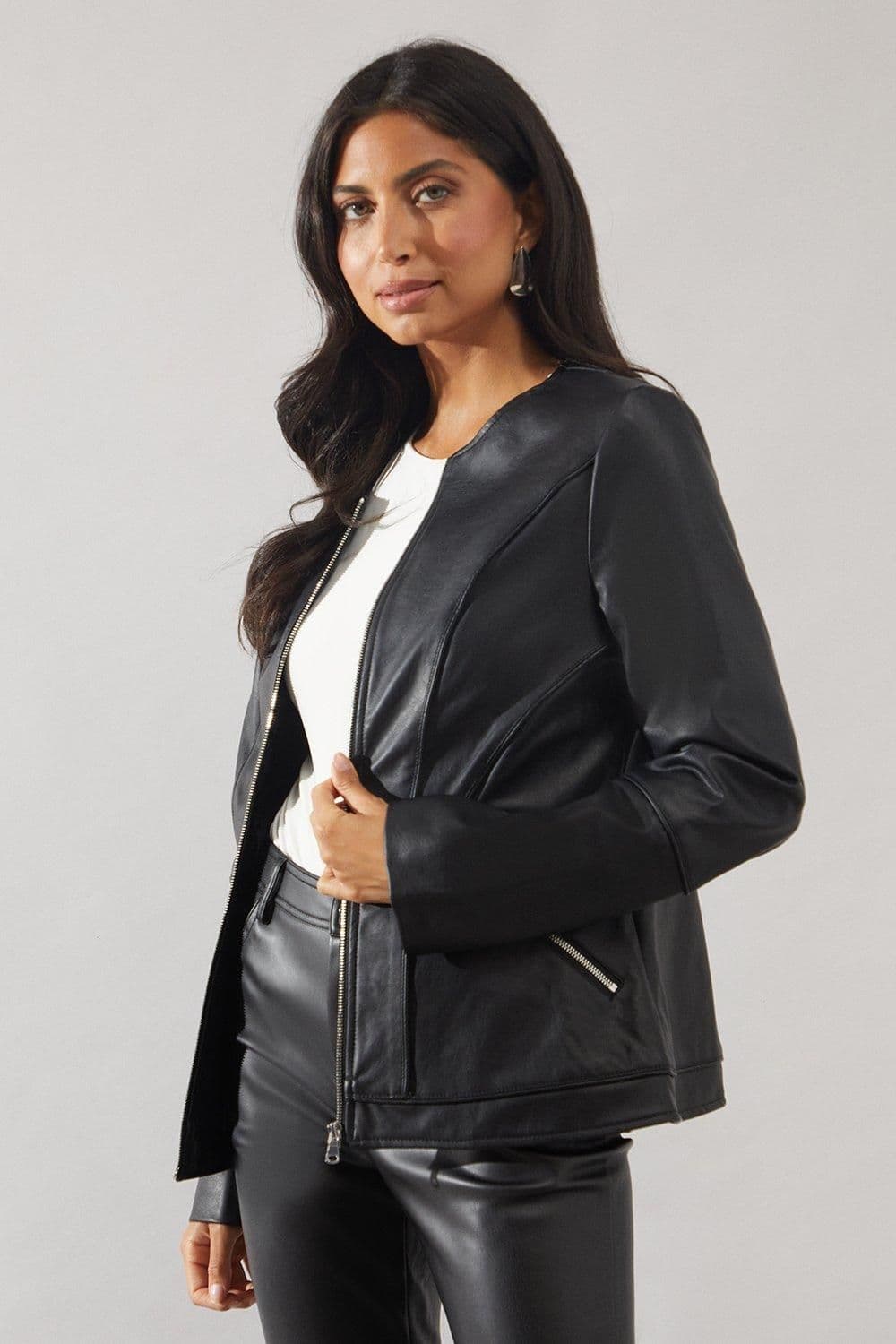 Faux Leather Collarless Seam Detail Jacket