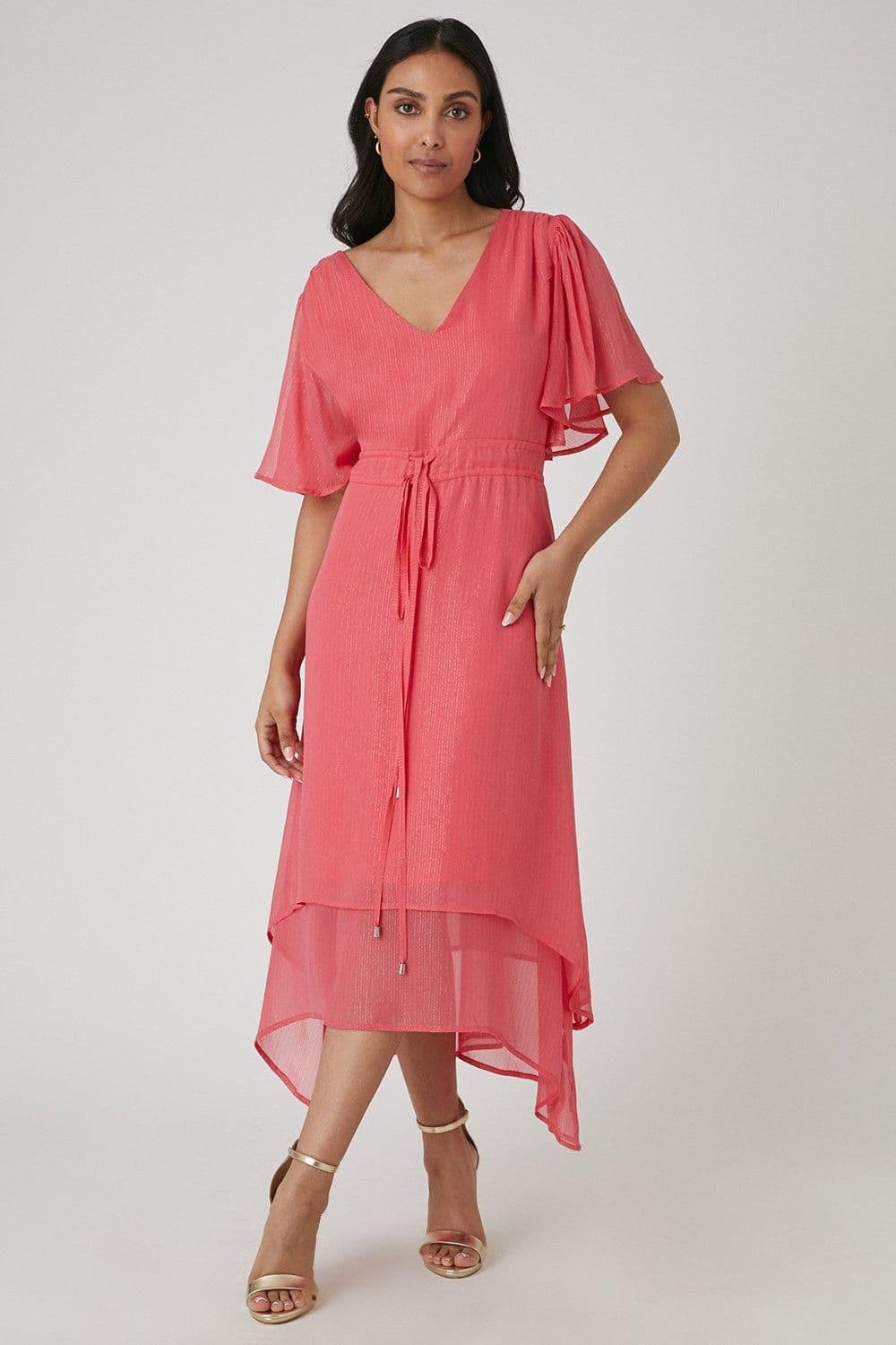 Petite Glitter Stripe Ruffle Midi Dress