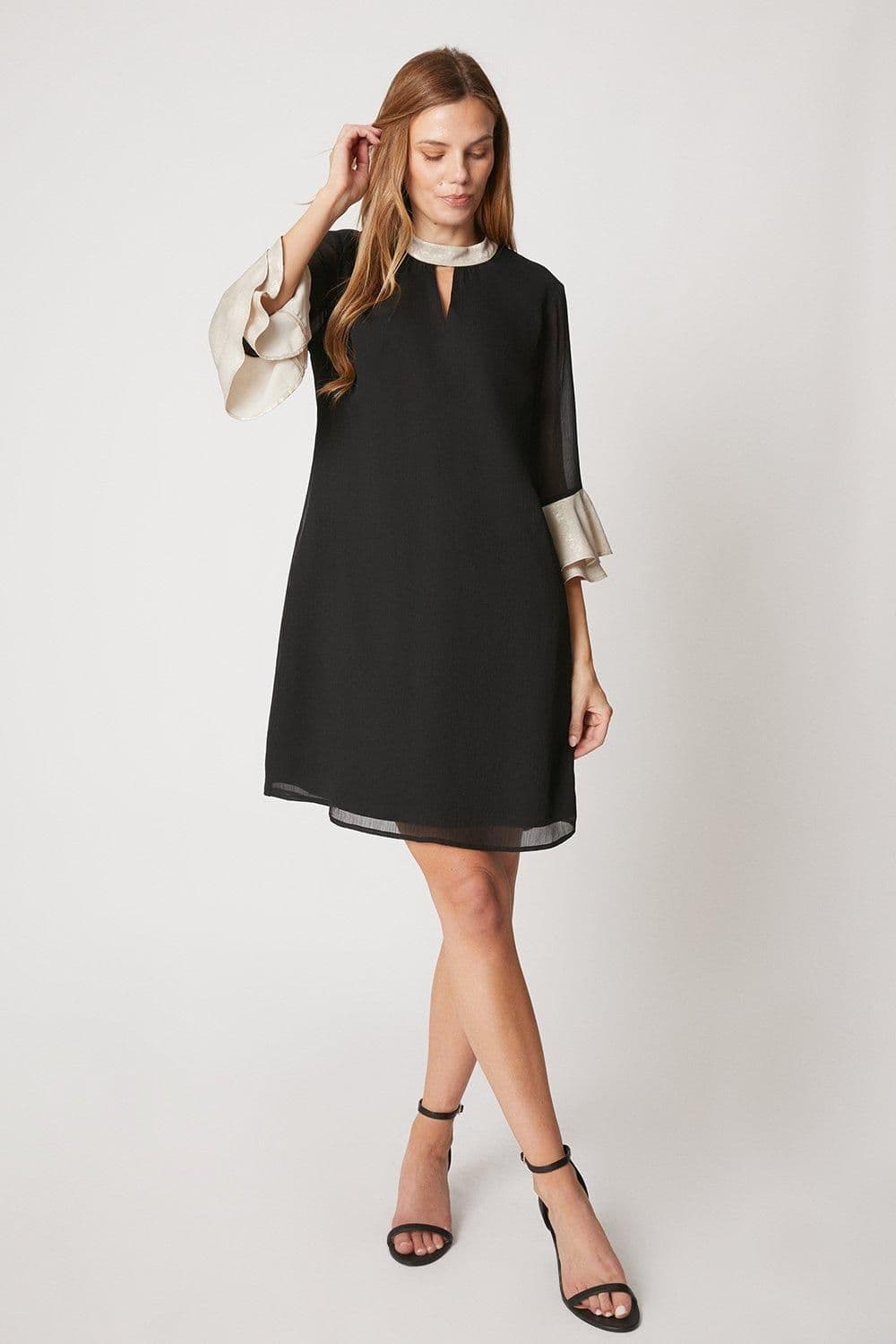 Foil Trim Ruffle Sleeve Shift Dress
