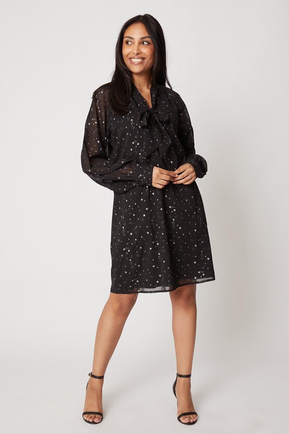 Petite Foil Star Tie Neck Shift Dress