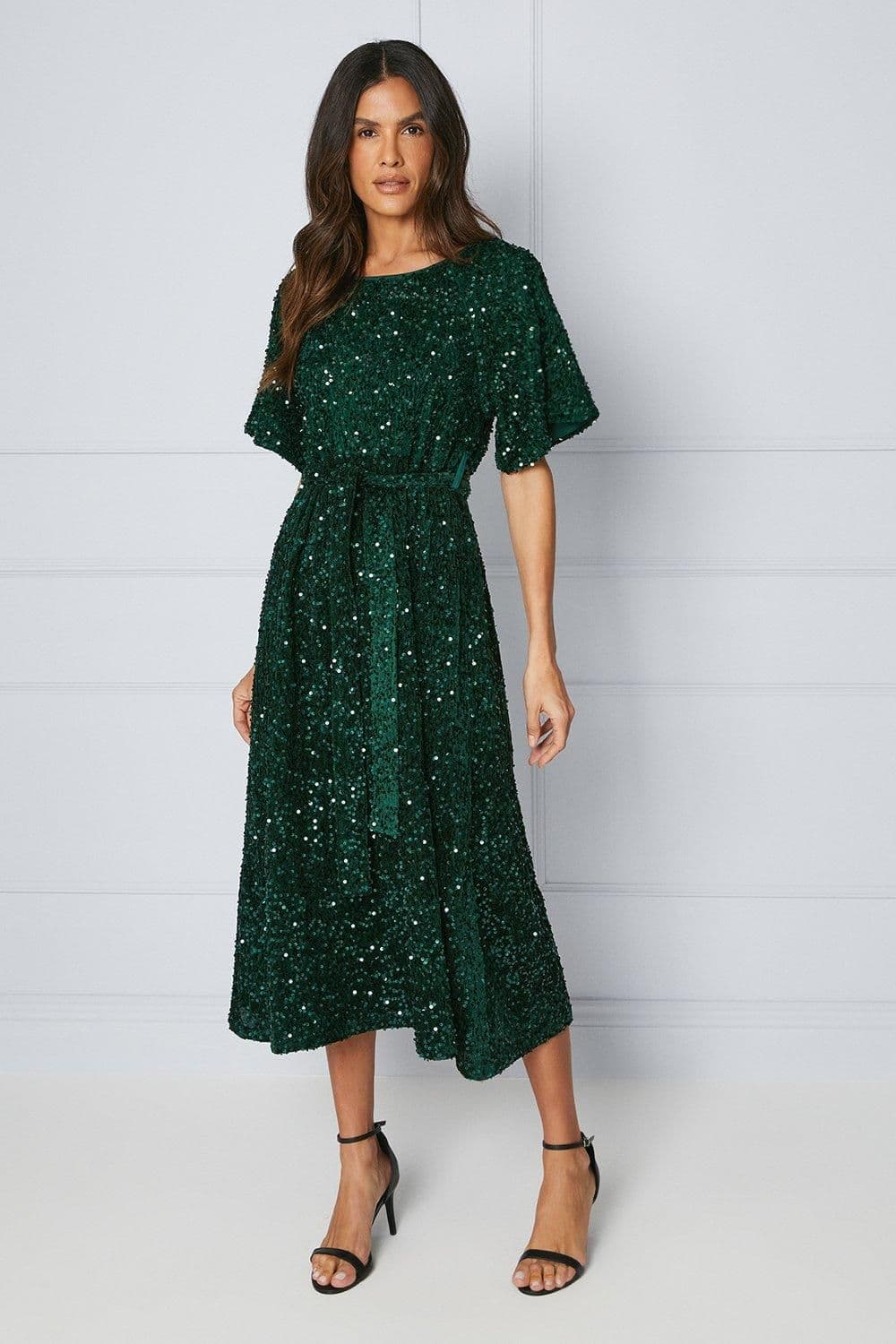 Sequin Puff Sleeve Belted Midi Dress