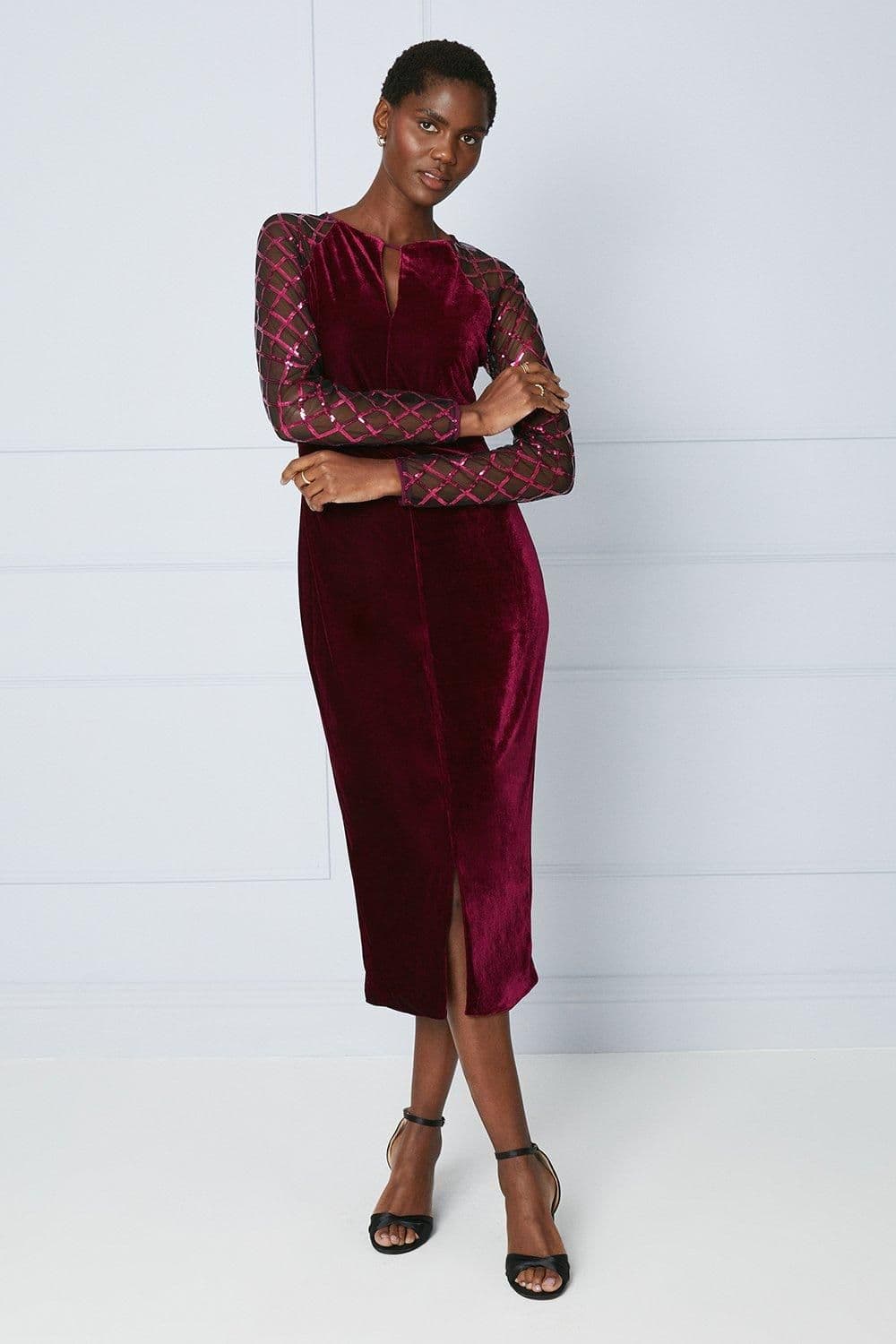 Velvet Sequin Mesh Midi Dress