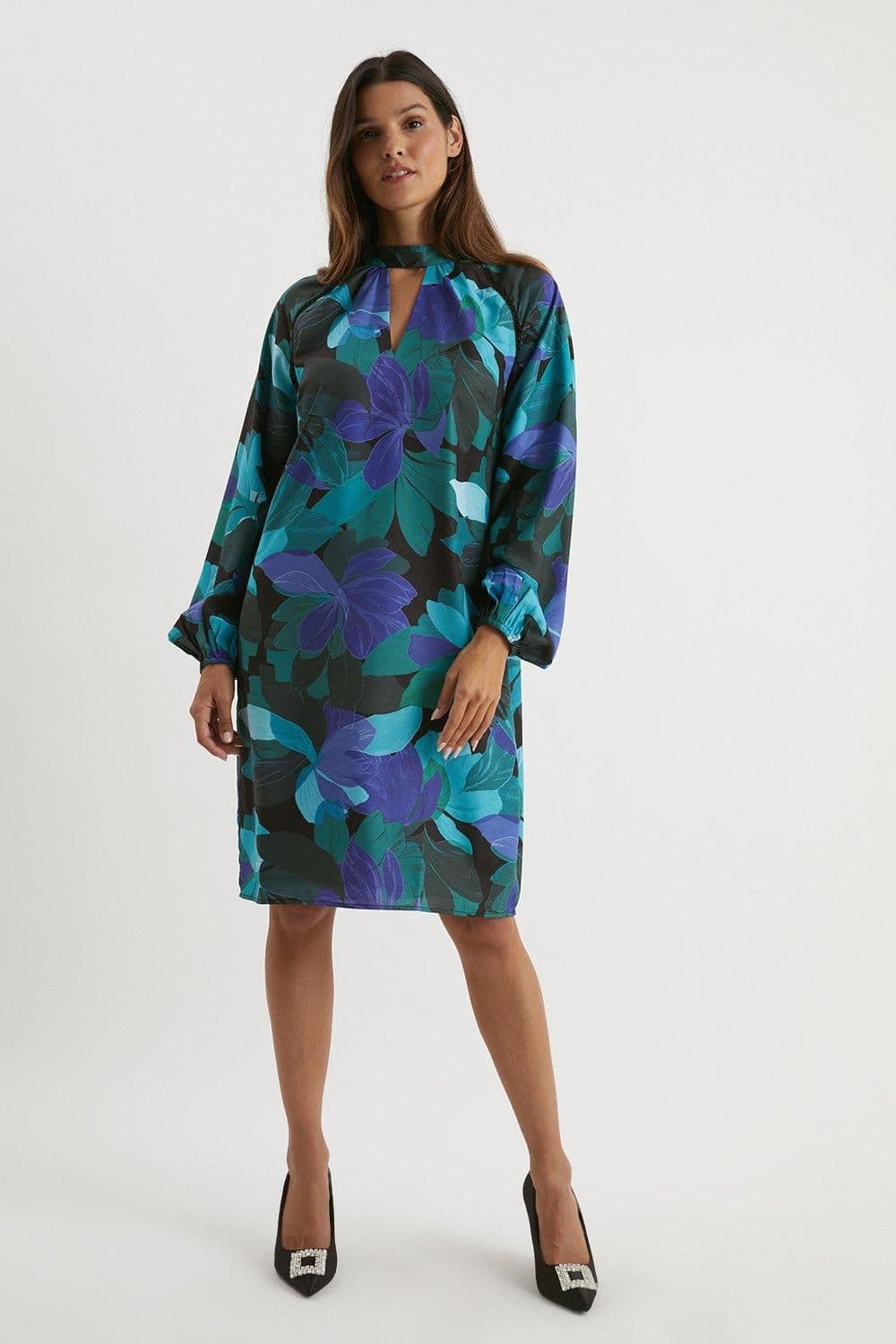 Lace Insert High Neck Shift Dress