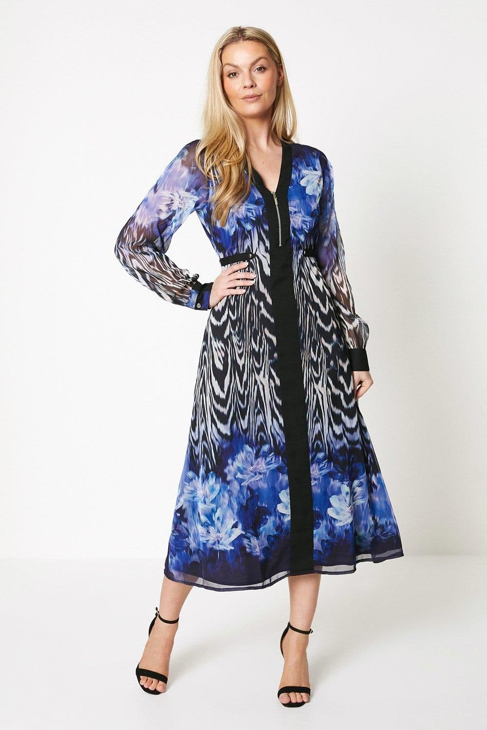 Zip Front Floral Border Midi Dress