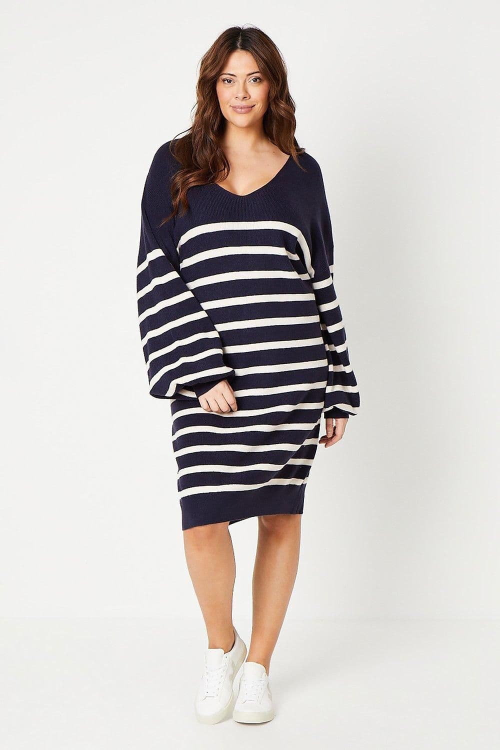 Curve Stripe Stitch Detail Longline V Neck Dress