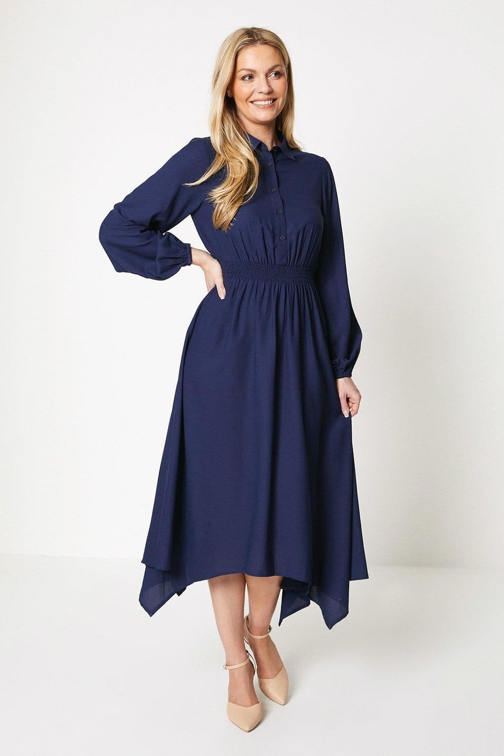Shirred Waist Hanky Hem Midi Shirt Dress