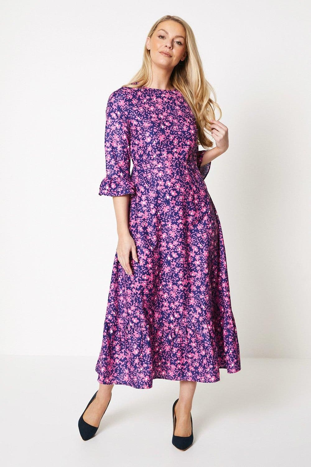 Floral Print Trumpet Sleeve Midi Dress