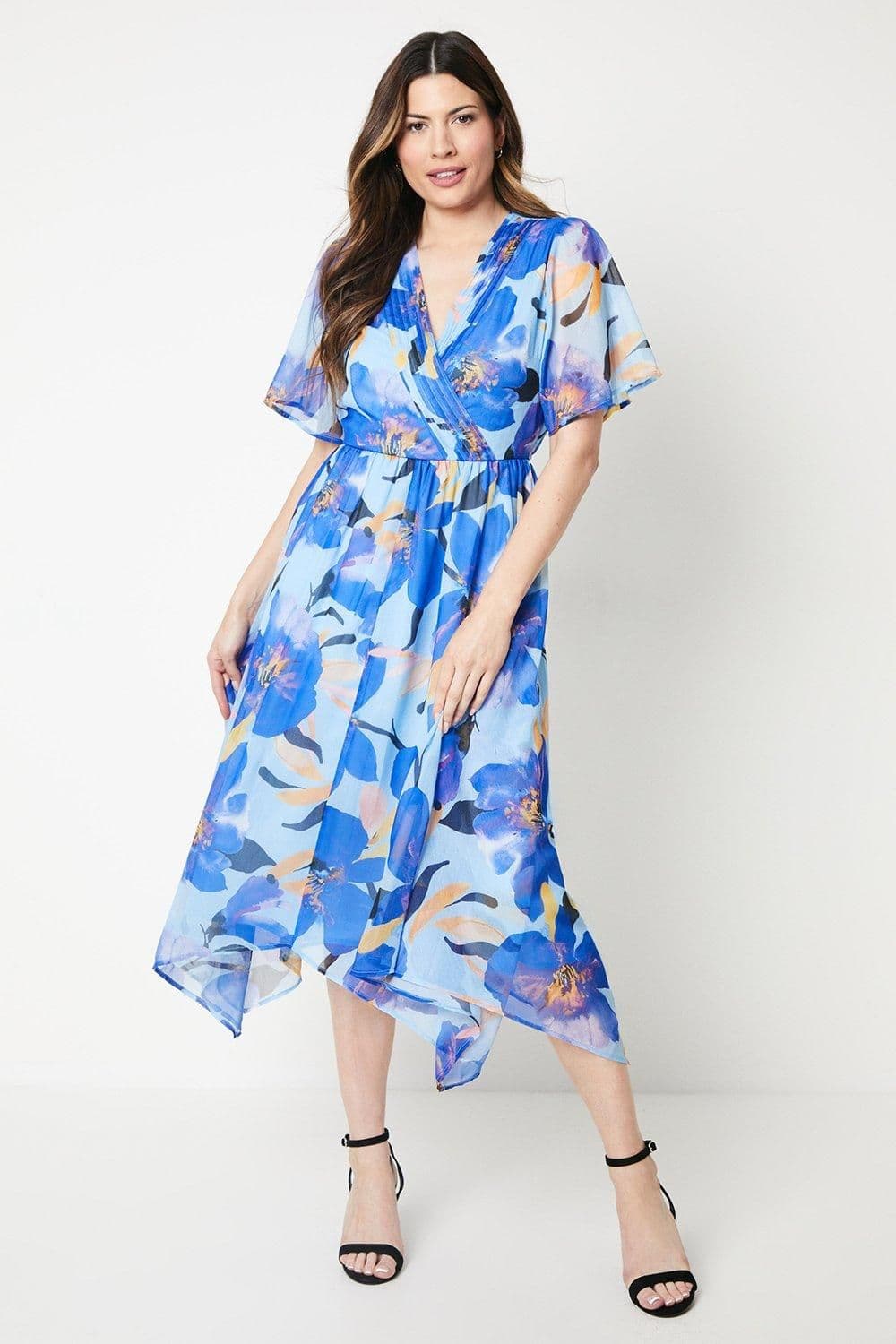 Floral Print Chiffon Pleat Wrap Hanky Hem Midi Dress