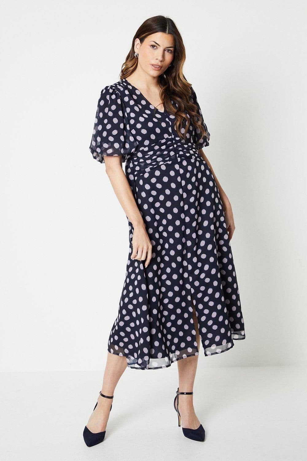 Spot Print Chiffon Gathered Waist Midi Tea Dress