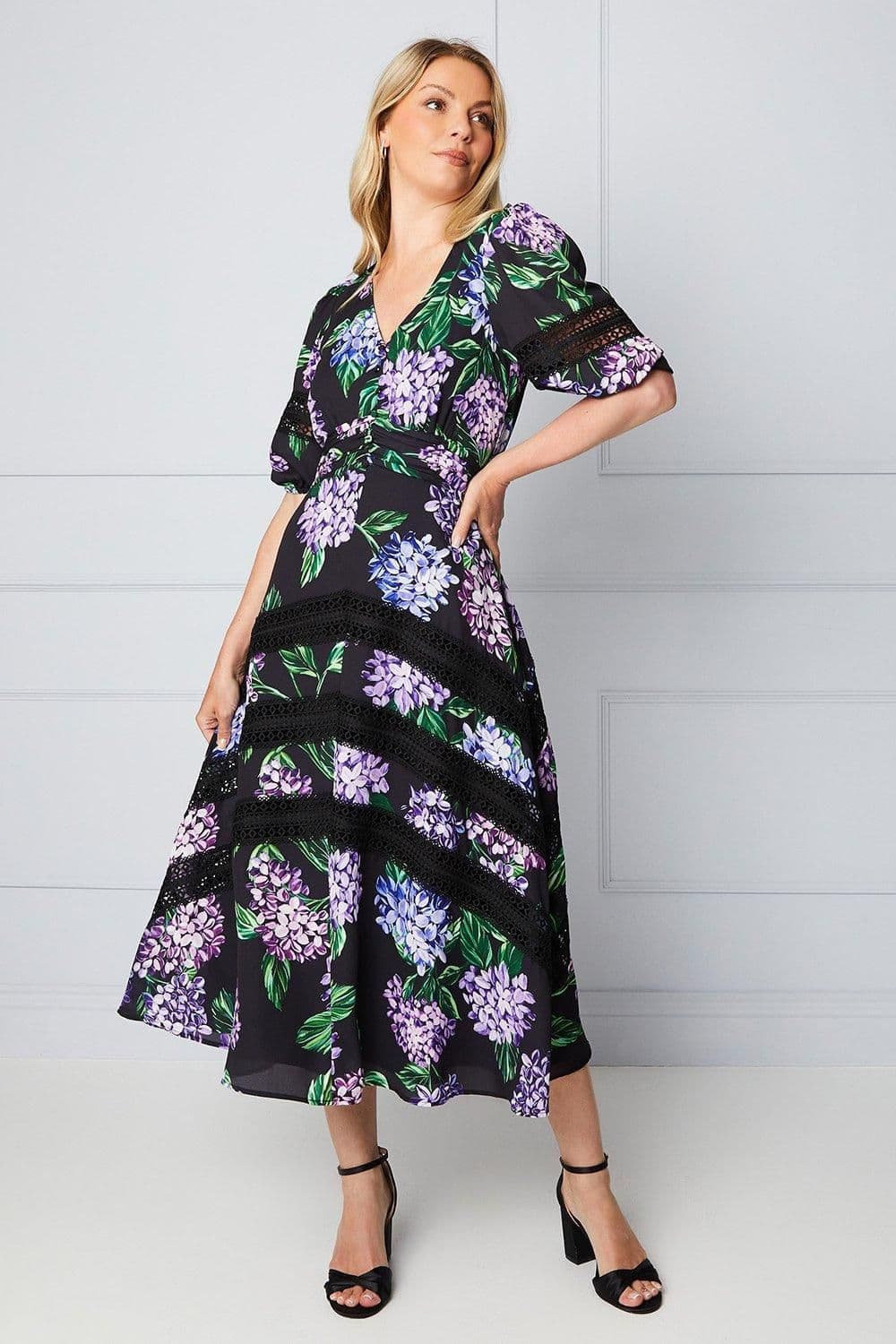 Floral Lace Insert Button Midi Dress