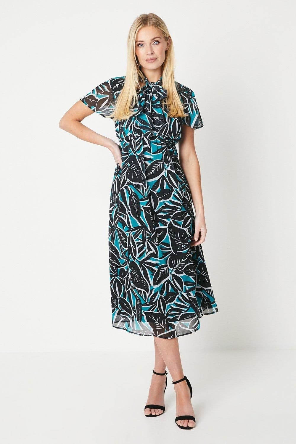 Petite Leaf Print Flutter Sleeve Tie Neck Midi Dress