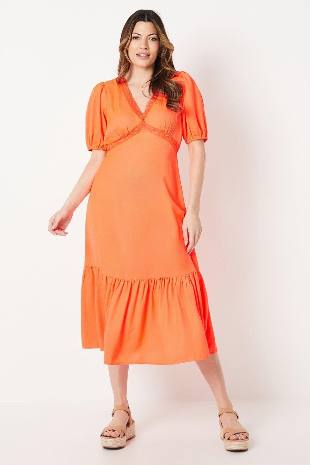Lace Trim Tier Hem Midi Tea Dress