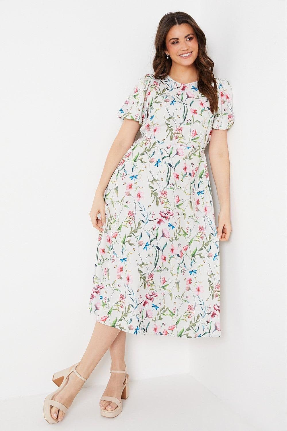 Floral Print Short Sleeve Midi Tea Dress
