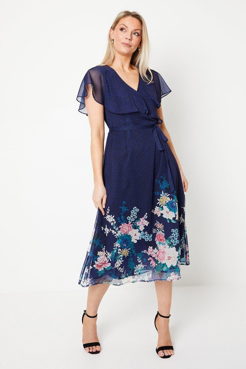 Floral Border Cape Sleeve Wrap Dress