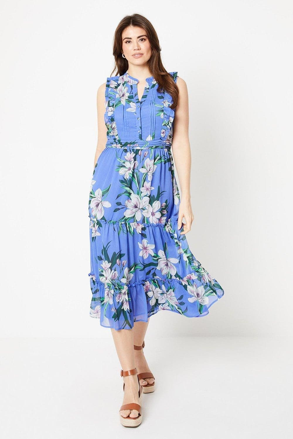 Floral Chiffon Pleat Button Detail Tier Midi Dress