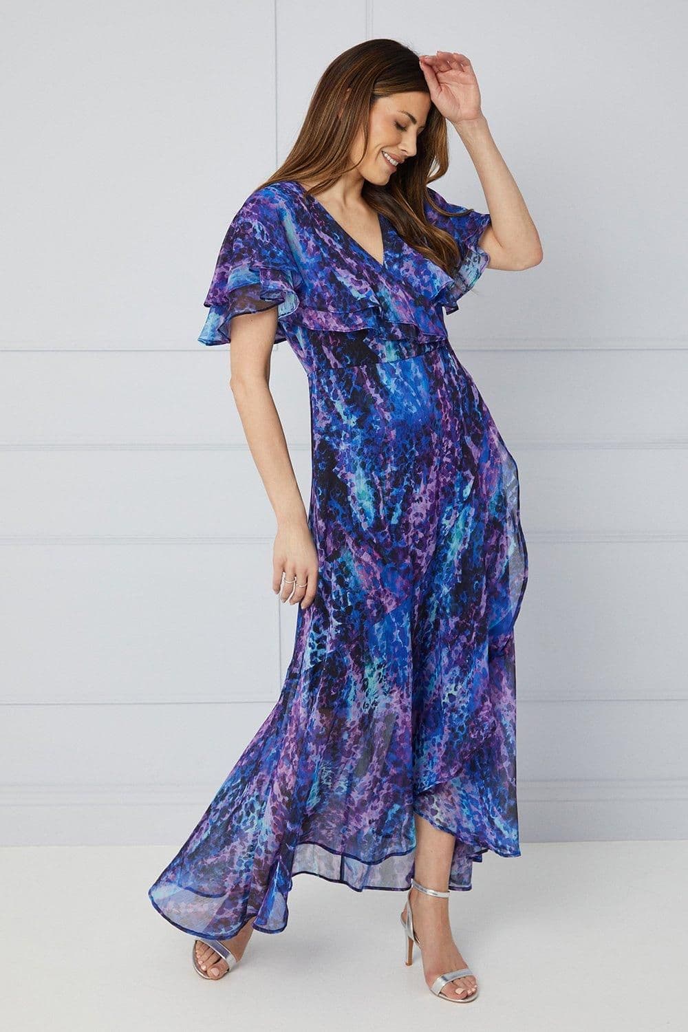 Animal Print Ruffle Sleeve Wrap Maxi Dress