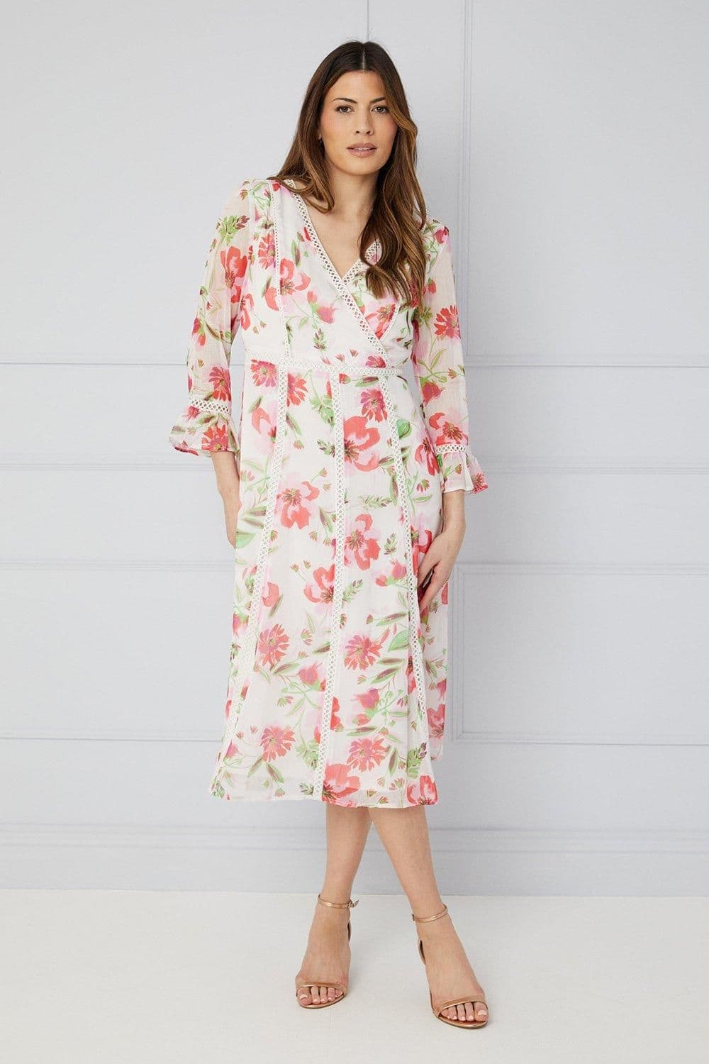 Floral Print Lace Insert Midi Dress