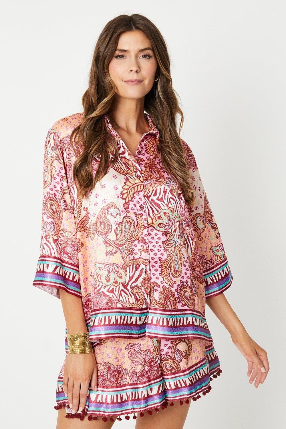 Satin Jacquard Border Longline Shirt