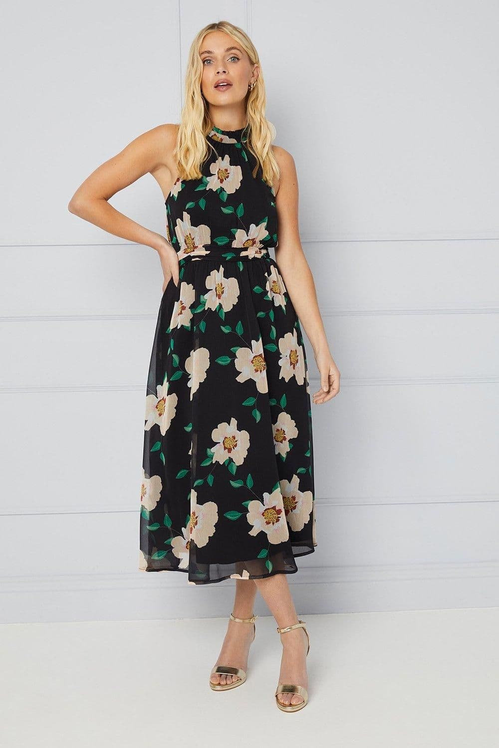 Petite Floral Halterneck Split Midi Dress