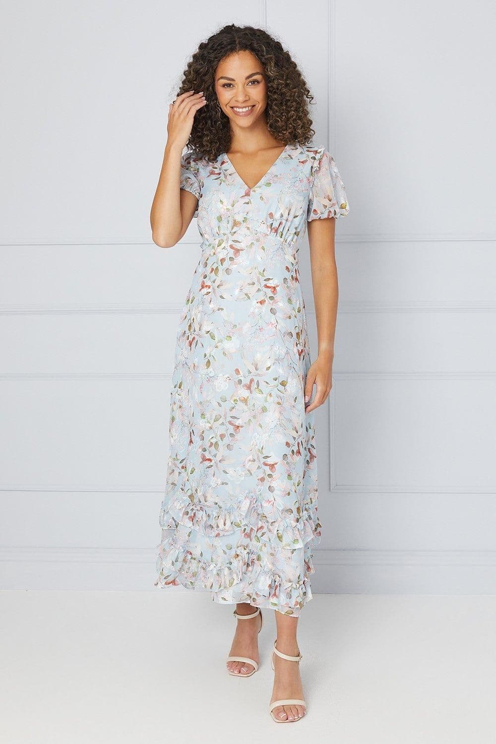 Floral Satin Ruffle Hem Midaxi Dress