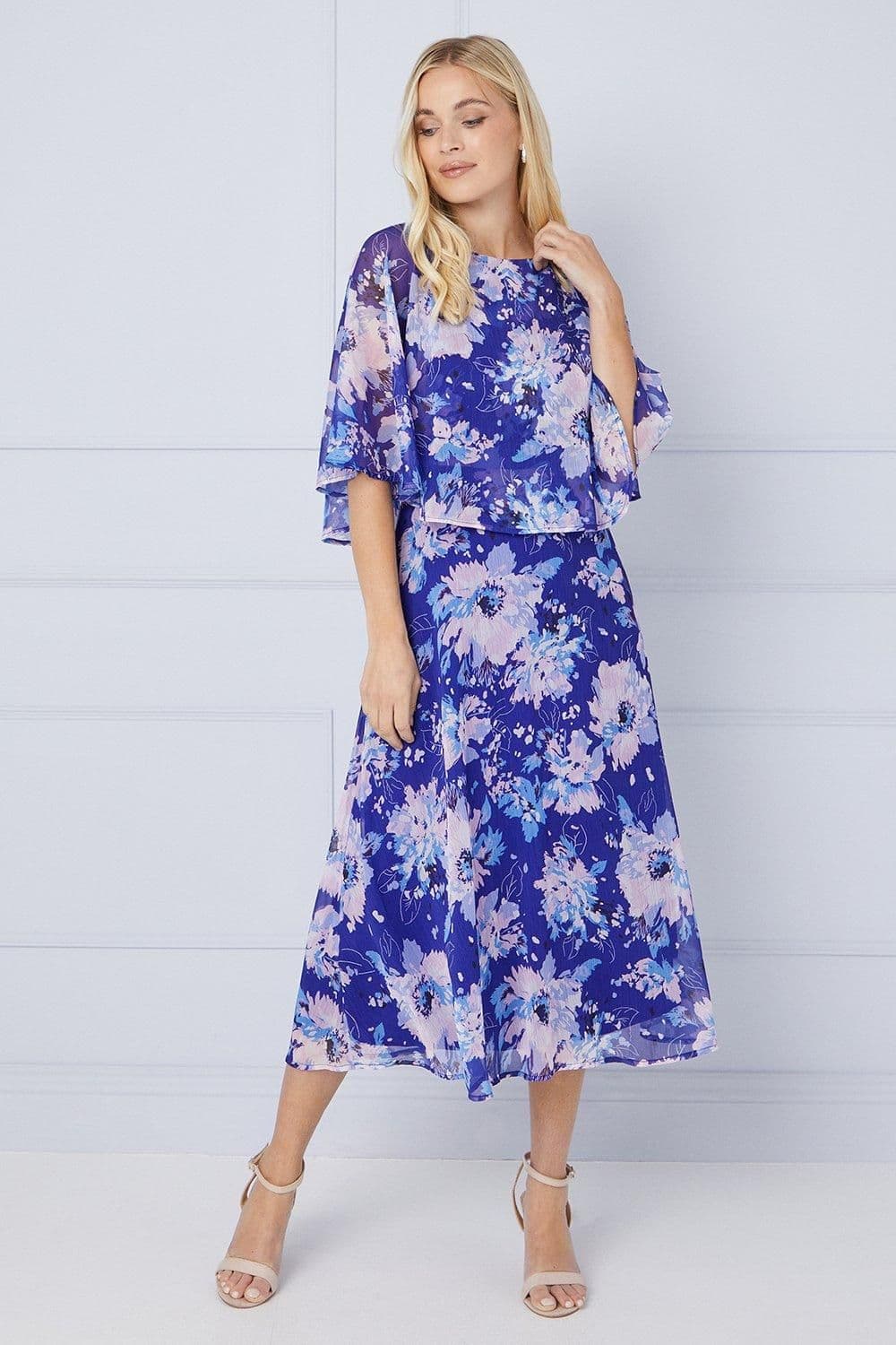 Petite Floral Cape Chiffon Midi Dress