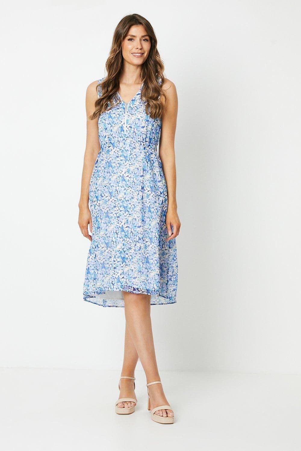 Printed Chiffon Zip Tab Side High Low Midi Dress