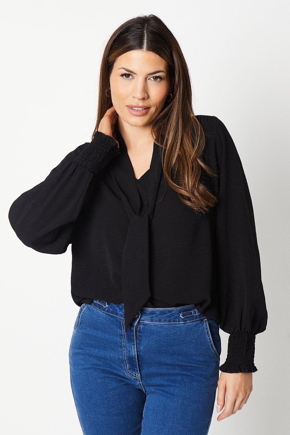 Tie Neck Shirred Cuff Shirt