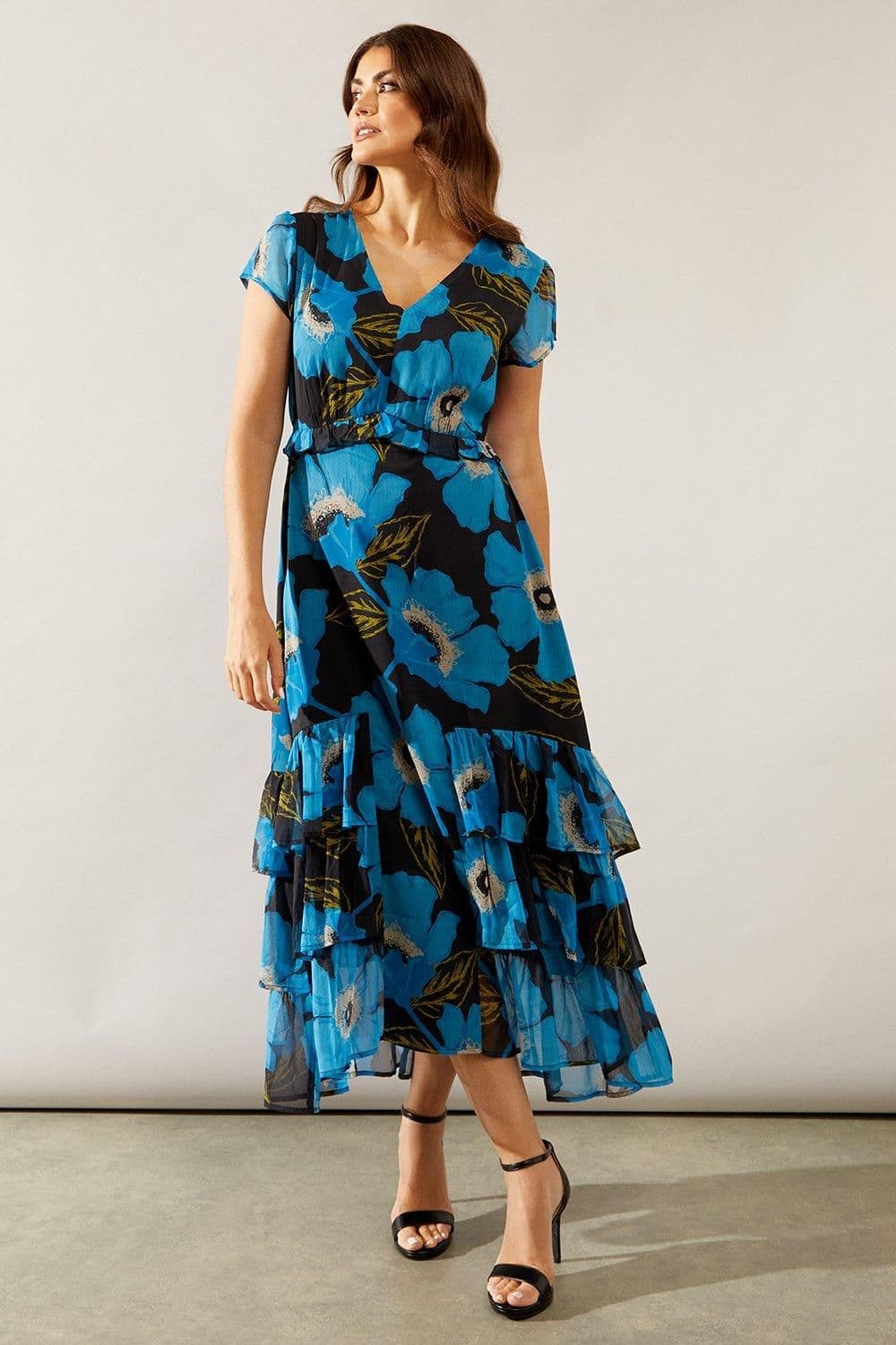 Floral Print Chiffon Ruffle Frill Maxi Dress
