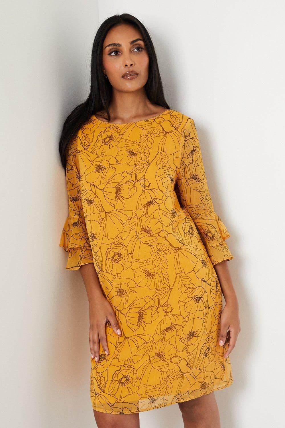 Petite Stencil Floral Flute Sleeve Shift Dress