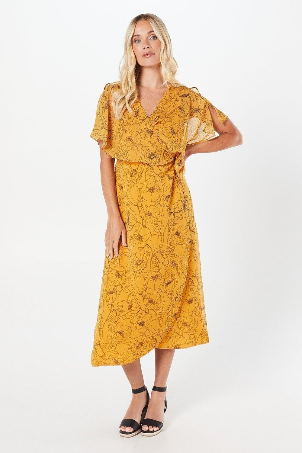 Petite Stencil Floral Cape Sleeve Wrap Dress