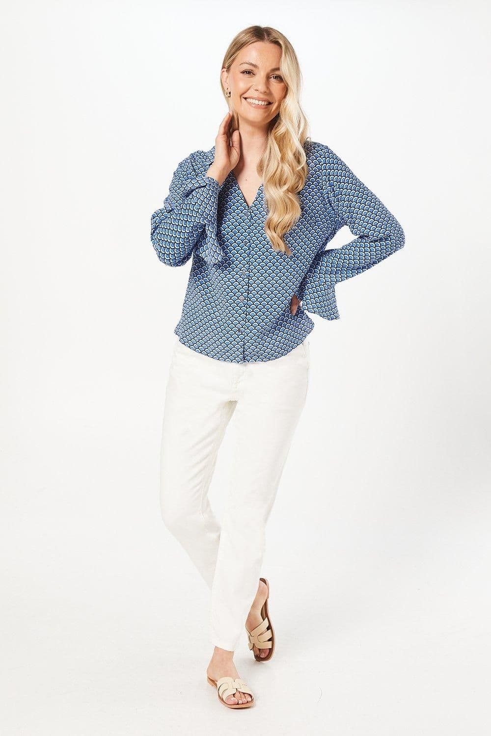 Geo Print Frill Sleeve Button Through Shirt