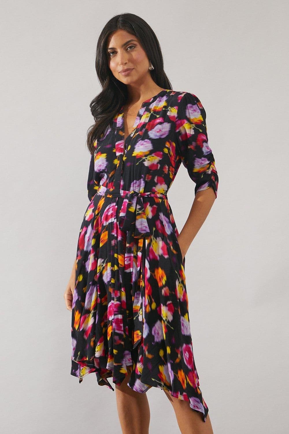 Blurred Floral Ruched Sleeve Belted Midi Dress