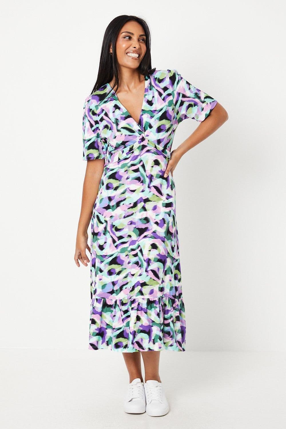 Petite Abstract Jersey Twist Front Midi Dress