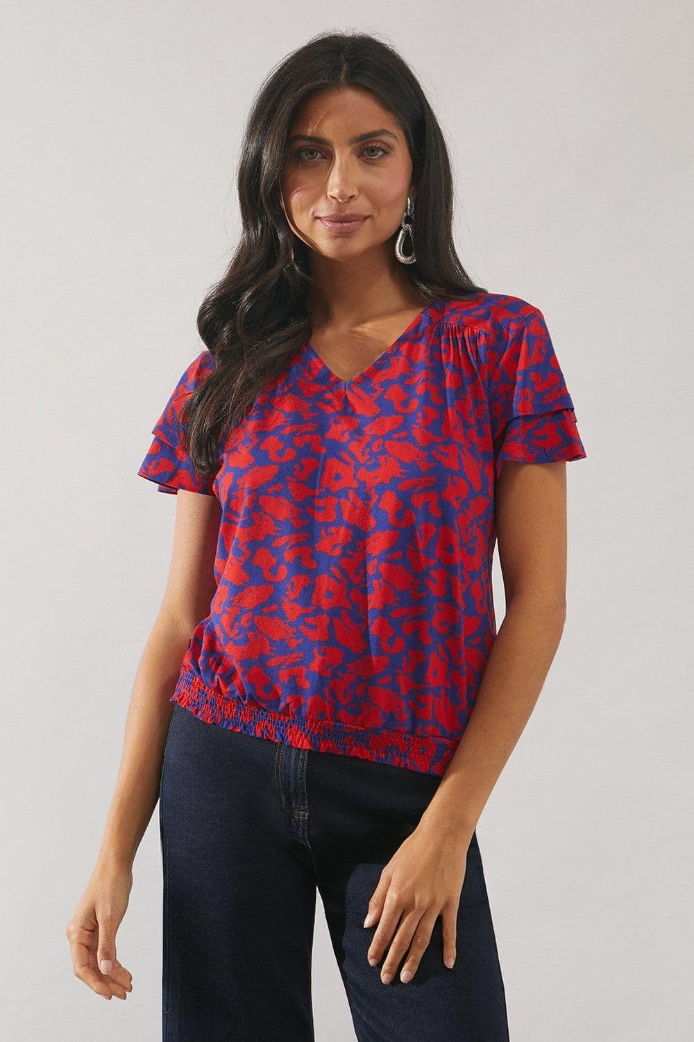 Animal Print Double Flutter Sleeve Jersey Top