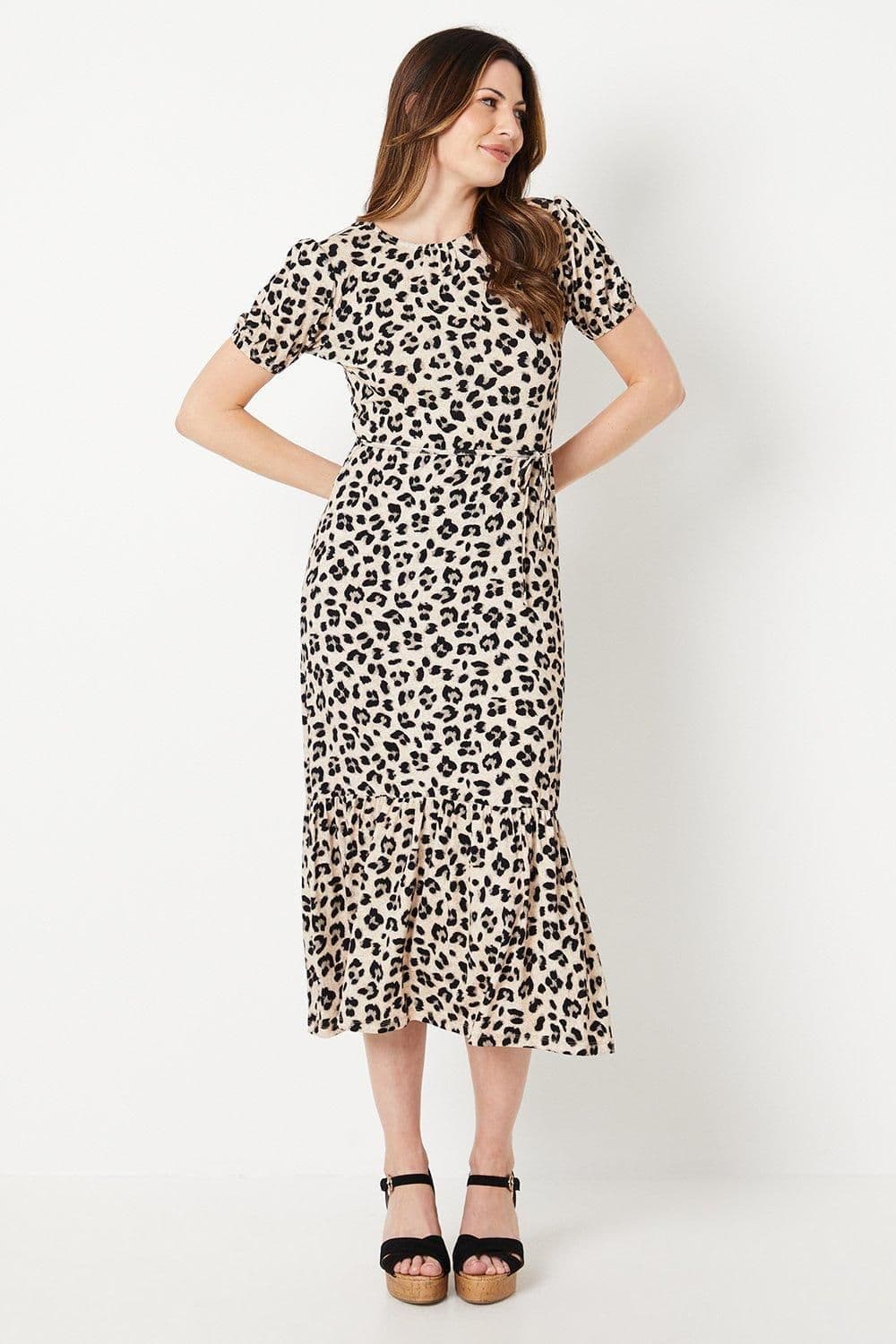Animal Print Puff Sleeve Jersey Midi Dress