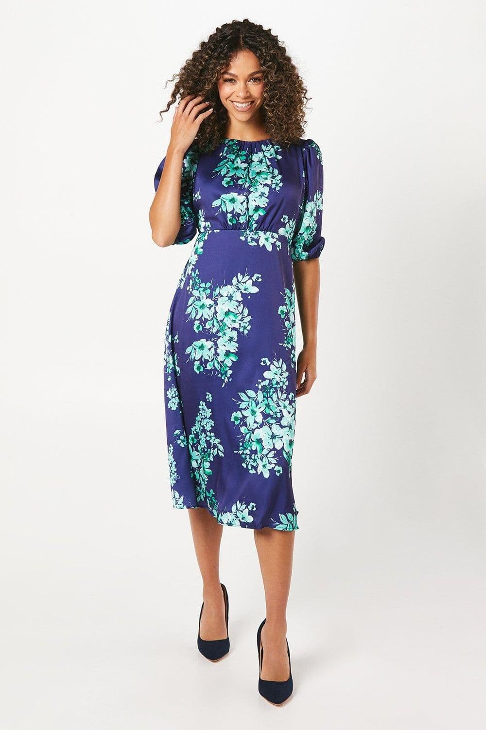 Petite Occasion Floral Satin Puff Sleeve Midi Dress