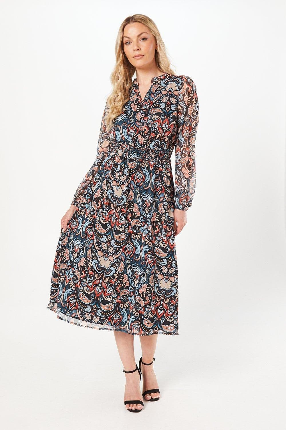 Paisley Print Shirred Waist Midi Dress