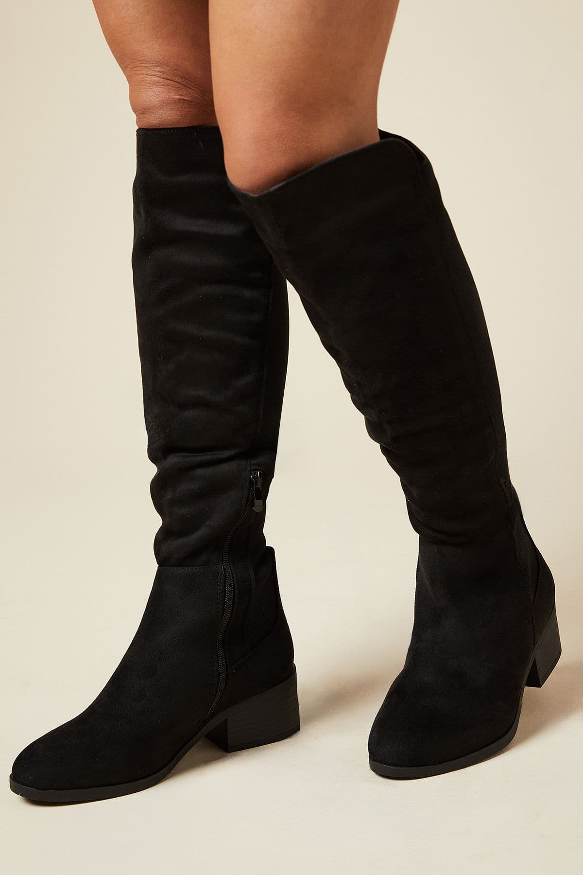 Wide Fit Hannah Stretch Back Almond Toe Low Heel Knee Boots Natural