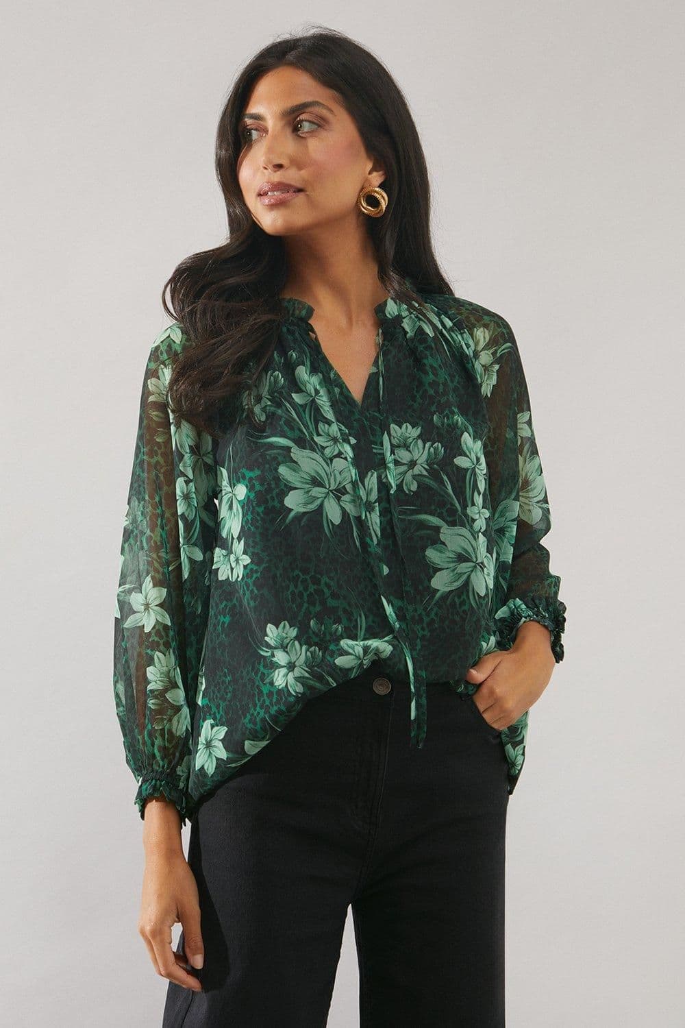 Floral Animal Print Tie Neck Blouse