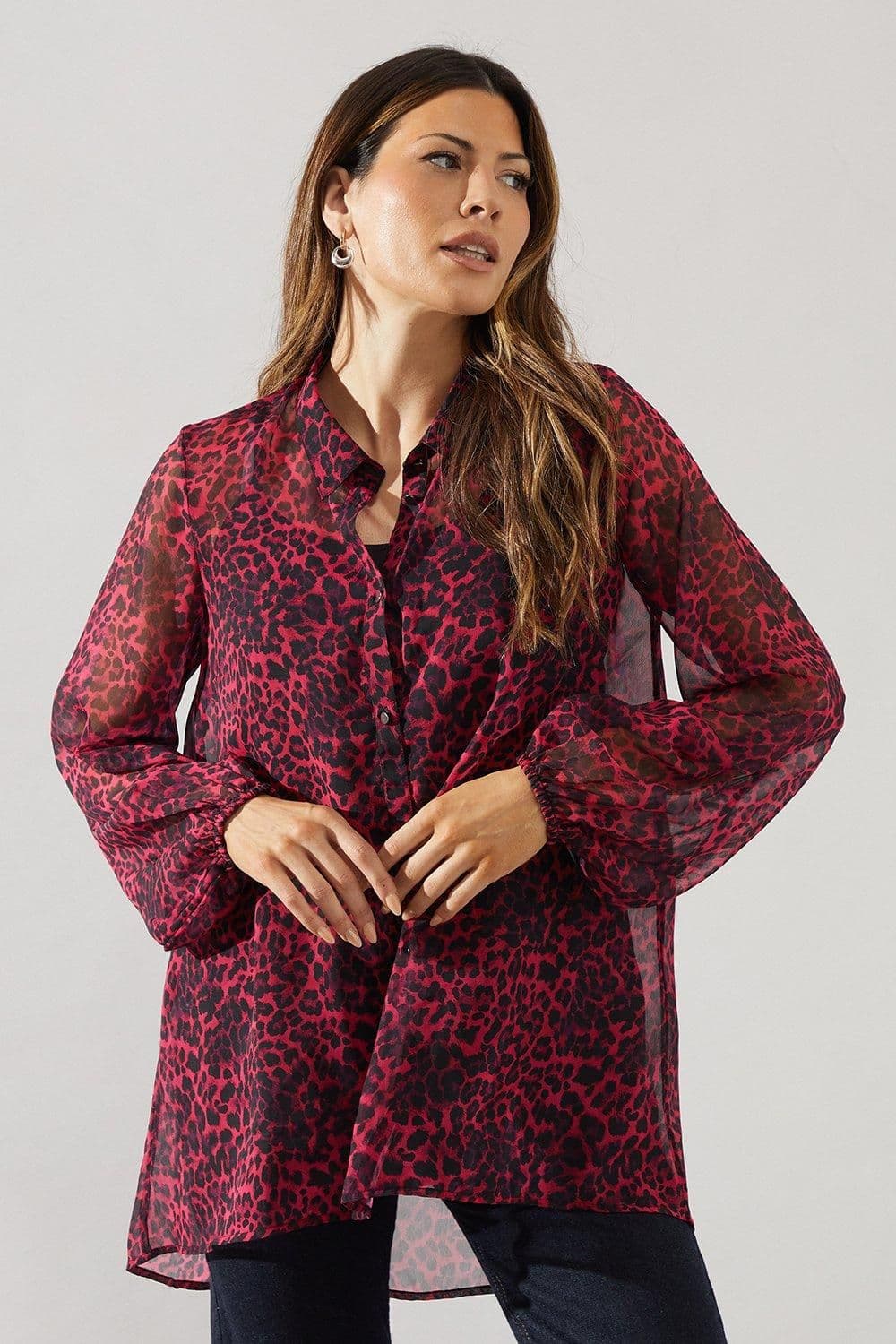 Animal Print Collared High Low Shirt
